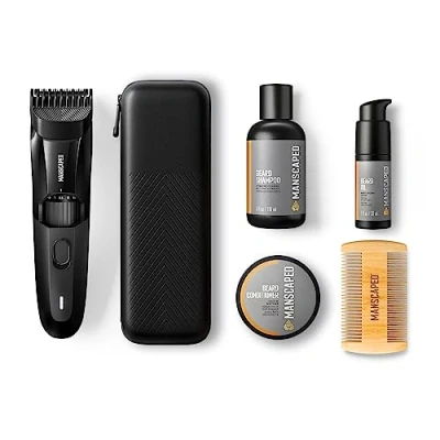 Immagine di il kit avanzato MANSCAPED® The Beard Hedger® include nostro rifinitore di precisione per barba e baffi, shampoo balsamo idratanti, olio pettine peli facciali
