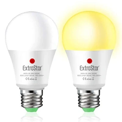 Immagine di EXTRASTAR Lampadina con Sensore, E27 Lampadine LED Sensore Crepuscolare da Esterno, Auto On/Off, 9W Bianca Calda 3000K per Veranda Giardino Porta d&#039;ingresso Corridoio 2 Pezzis