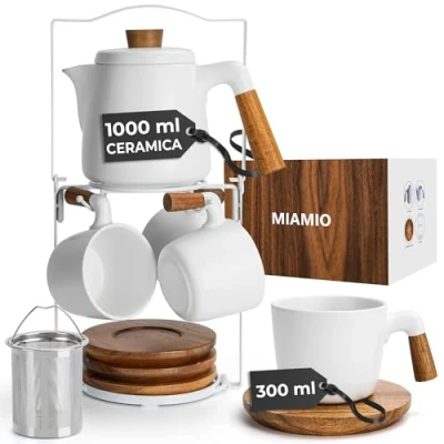 Immagine di MIAMIO Set di teiere in ceramica da 1000 ml con infusore e tazze/colino per il tè, 4 tazze tè (300 ml), piattini bambù/manico supporto casa ufficio (Bianco)