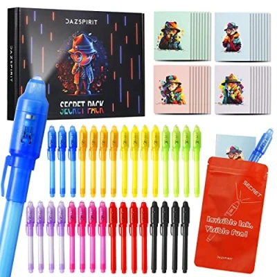 Immagine di DazSpirit 32 pcs Penna Inchiostro Invisibile e Taccuino, Tema Investigativo con Luce Gadget Compleanno Bambini, Penne Invisibili per Scrivere Messaggi Segreti