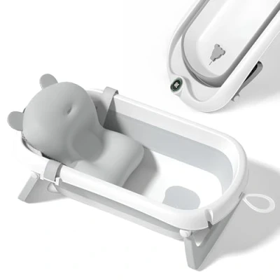 Immagine di Bagnetto per bambini pieghevole con cuscino da bagno/Vaschetta bagno neonato XL termometro il controllo della temperatura dell&#039;acqua/Dalla nascita ai 2 anni / 5 palline di plastica