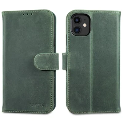 Immagine di Lensun Custodia per iPhone 11, Cover in Vera Pelle [RFID Blocking] Slot Schede Portafoglio Cuoio Chiusura Magnetico Flip Antiurto Telefono Apple 11 Grigio Marrone