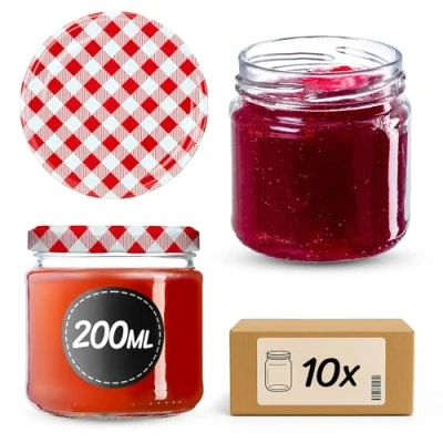 Immagine di KADAX Barattoli Ermetici di Vetro da 200 ml, Vassetti Piccoli con Coperchio a Vite per Conserve Frutta, Marmellate e Miele (Set 10, Quadri Rossi)