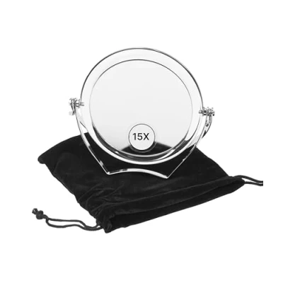 Immagine di Fantasia specchio da viaggio in acrilico con staffa metallo, pieghevole, ingrandimento 15x, a mano argento, supporto Ø 10 cm, altezza 12 custodia regalo