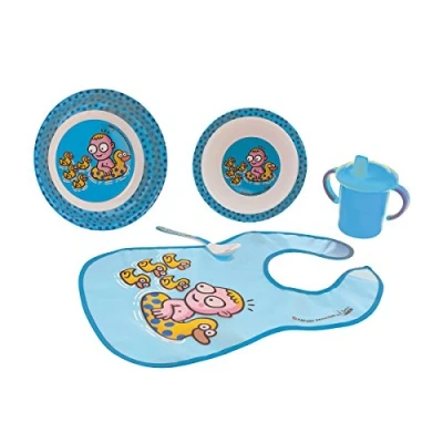 Immagine di laken set di stoviglie melamina 5 pezzi: piatto fondo Grande, ciotola, tazza apprendimento, Bavaglino E cucchiaio, katuki saguyaki epatado Blue