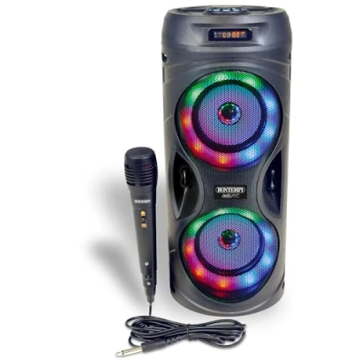 Immagine di Bontempi SonicSync Amplificatore Wireless Karaoke con Microfono Dinamico, Effetti Luminosi, Regolatore Alti e Bassi, TWS ed Effetto Eco, 41,4x18,8x18,8 cm