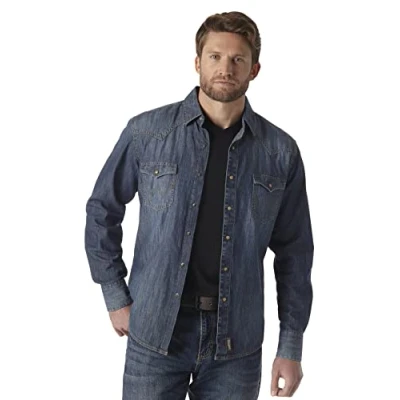 Immagine di Wrangler Camicia Retro A Maniche Lunghe con Due Tasche Pressione, Blu Denim, XL Uomo