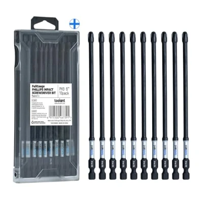 Immagine di toolant Set di punte magnetiche per cacciavite a percussione Phillips # 3 lunghe 15,2 cm, 10 pezzi, inserti in acciaio S2 PH3 con lavorate CNC trapano elettrico