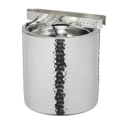 Immagine di BarCraft Secchiello per il Ghiaccio con Pinze e Coperchio in Acciaio Inossidabile, Elegante Finitura Martellata, Comodo Manico, Capacità 1.5 L