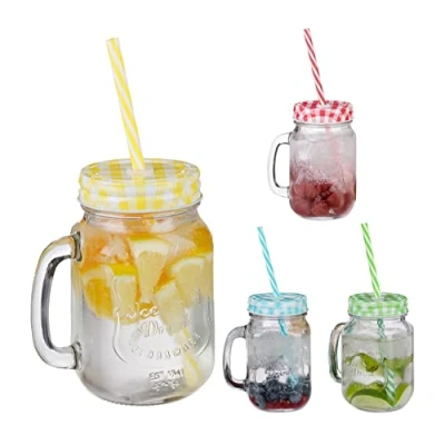 Immagine di Relaxdays Set 4 Tazze con Cannuccia e Coperchio, tè Freddo, Bevande, Limonate, per Party, Manico, 500 ml, Colorato