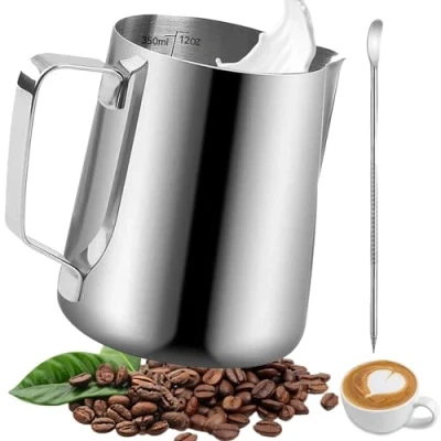 Immagine di Omtofo 350ml Bricco Latte, per Latte in Acciaio Inox con Marchio di Misurazione e Caffè Art Pen, Cappuccino, Espresso, Art, Perfetta Gli Amanti del