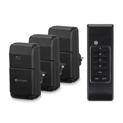 Immagine di sonero set di prese radiocomandate: 3x radiocomandate e 1x radiocomando, 1100 watt, portata max 30 m, all&#039;aperto, nero