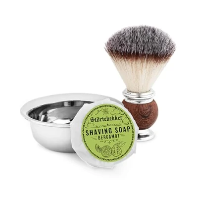 Immagine di Set di pennelli da barba con ciotola in acciaio inox e sapone (diversi tipi) per uomo preparazione alla rasatura (Bergamotto)