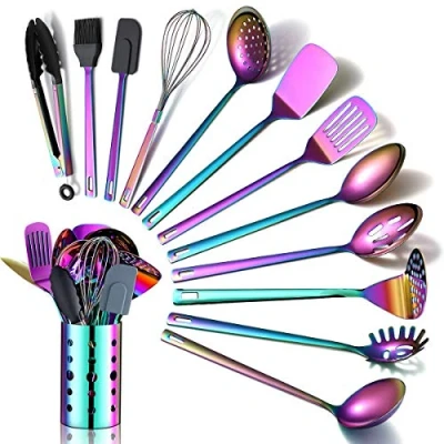Immagine di Set di Utensili da Cucina Arcobaleno, 13 Pezzi in Acciaio Inossidabile Con Placcatura Arcobaleno Titanio, Portautensili Per pentole Antiaderenti