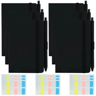 Immagine di 6 taccuini tascabili formato A6, piccoli quaderni con copertina rigida, mini diario penne e 10 note adesive, A6 a righe, 160 pagine per ufficio, casa, (nero)