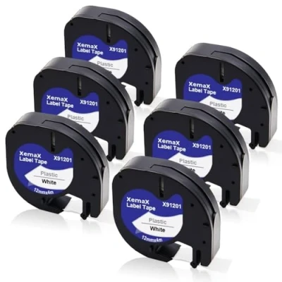 Immagine di 6x XemaX Nastro Etichette Compatibile per Ricarica Letratag 12mm x 4m 91221 91201 Nastri in Plastica Etichettatrice LT 100H 100T XR XM QX50 2000 200B