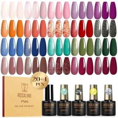 Immagine di ROSALIND Smalto Semipermanente Unghie, 24 Pezzi Marrone Rosa Arancione Rosso Viola Blu Verde Colori Smalti Semipermanenti per Mini Gel Unghie Soak Off UV/LED Nail Art Manicure