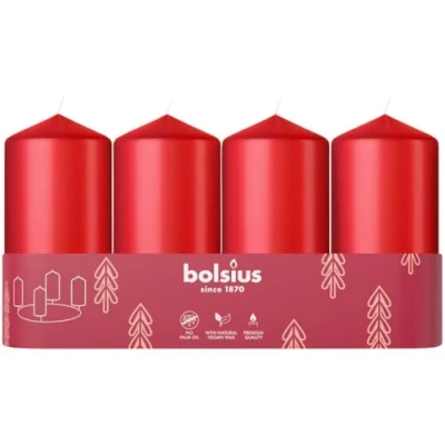 Immagine di Bolsius Set di 4 Candele A colonna lisce rosse 100 x 48 mm decorative lunga durata Non profumate Con cera vegetale naturale Senza olio palma