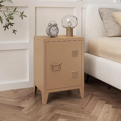 Immagine di [en.casa] Comodino in Acciaio con Scomparto Chiuso Anta Tavolino Laterale da Divano Mobiletto Notturno Letto Basso Ingresso 57 x 40 30 cm Marrone Chiaro, opaco