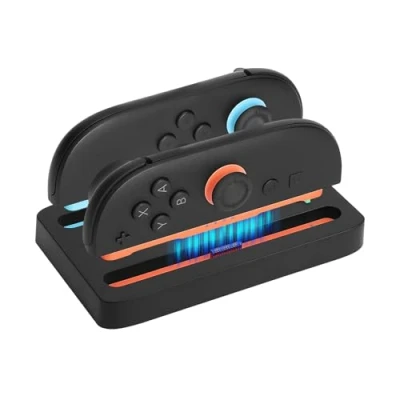 Immagine di Mini dock di ricarica per interruttore 2.2 in 1 doppio Nintndos 2 controller Joy Cons con indicatore LED colori, stazione compatta a porte
