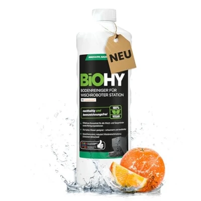 Immagine di BiOHY detergente per pavimenti robot, stazione con profumo arancione (flacone da 1 litro), concentrato tutti i tipi di pulizia e robot aspirapolvere funzione bagnata, braccio