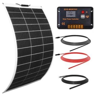 Immagine di ECO WORTHY Kit pannello solare flessibile da 130 W12 V, indipendente dalla rete, W + display LCD 30 A, regolatore di carica PWM cavo 5 m per roulotte, camper,