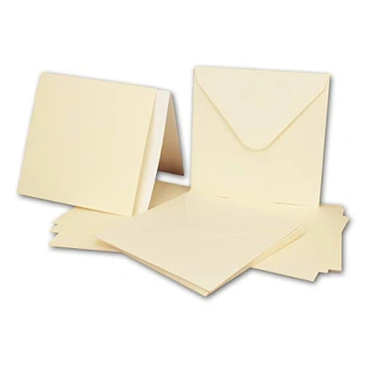 Immagine di Set di 50 biglietti quadrati con buste e fogli da inserire, 13,5 x cm, colore crema/avorio, inviti bianchi per matrimoni feste