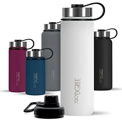 Immagine di 720DGREE Borraccia termica 1 litro &quot;noLimit&quot; Bottiglia acqua termiche in acciaio inox Senza BPA Borracce perfetto per bevande (950ml) calde, fredde, università, ufficio, all&#039;aperto +2 Coperchi