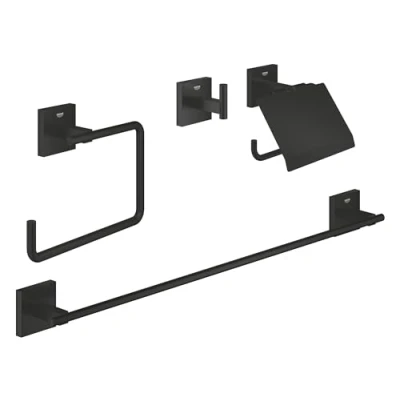 Immagine di GROHE Start Cube, Set Accessori da Bagno 4 in 1, Gancio Per Accappatoio, Anello Asciugamani, Portarotolo Carta Igienica, Portasciugamani 558 mm, Nero Opaco, 411152430