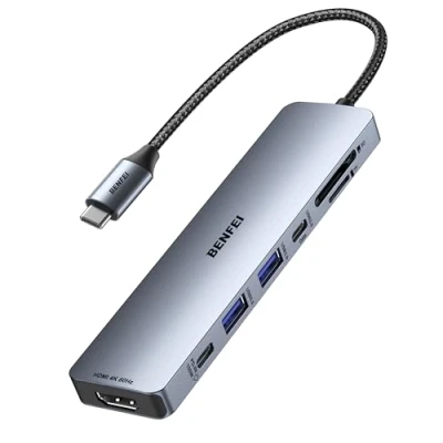 Immagine di BENFEI 7 in 1 Hub USB C con HDMI 4K@60Hz, 2 A, dati, carica da 100W, lettore di schede SD/TF [cavo anti groviglio silicone] per MacBook Pro/Air, iPad Pro, iMac, iPhone 15 Pro/Pro Max