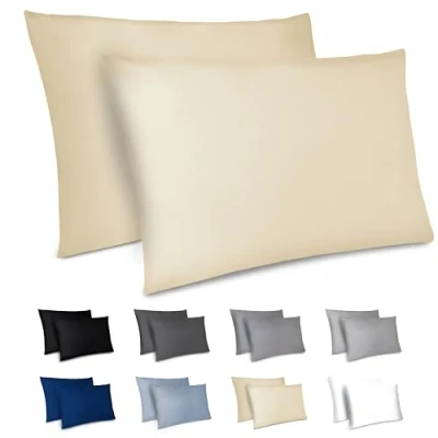 Immagine di Dreamzie Federe Cuscino Letto 50x70cm Set da 2 in Microfibra Spazzolata con Cerniera Certificate Oeko Tex Cuscini Matrimoniale Beige