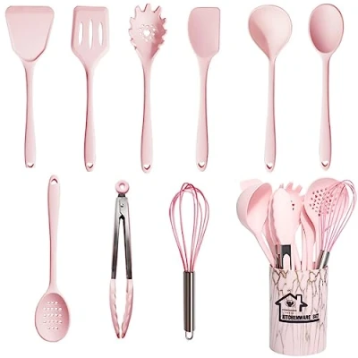 Immagine di UXIYI set di utensili da cucina in silicone, 10 pezzi, incluso il Cucchiaio a spatola Turner antiaderente resistente al calore,Rosa