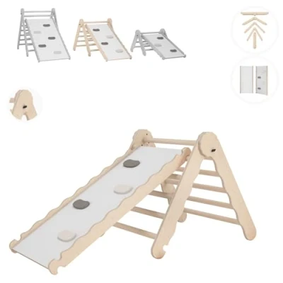 Immagine di MAMOI® Triangolo con Scivolo in Legno Naturale per Bambini, Parete Arco Arrampicata Uso Interno, Percorso Montessori a Partire da 1/2/3 Anni