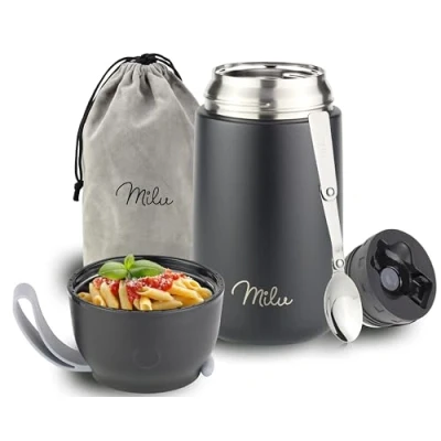 Immagine di Milu Thermo per Alimenti 300ml 440ml 450ml 650ml 800ml I Contenitore Termico di Acciaio Inossidabile, Isotermico Sottovuoto Cibi Caldi e Freddi (Nero, 800ml)