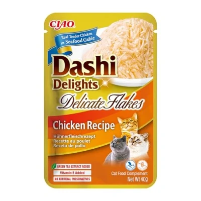 Immagine di INABA Dashi Delights Delicate Flakes, Delicati Fiocchi in Brodo di Pollo Cibo Umido per Gatti, Snack Gatti Con Proteine, Ingredienti Naturali Pasto Complementare 1 x 40gr