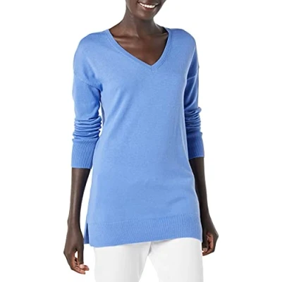 Immagine di Amazon Essentials Maglione A Tunica Leggero Maniche Lunghe Con Scollo v (Disponibile In Taglie Forti) Donna, Blu, XL