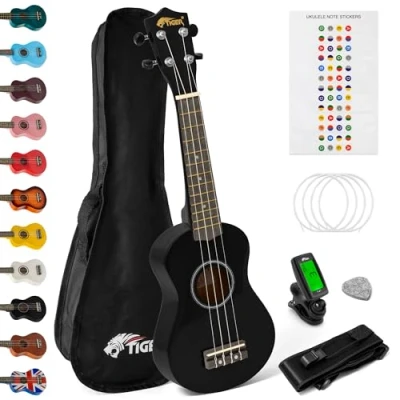 Immagine di TIGER UKEKIT BK Pacchetto Ukulele per principianti, soprano, accordatore, tracolla, adesivi, corde di ricambio e plettro in feltro Nero
