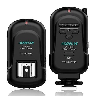 Immagine di AODELAN flash Trigger wireless Speedlite studio con standard Hot Shoe, incluso trasmettitore e ricevitore, adatta per Canon Nikon Pentax Olympus Panasonic DSLR