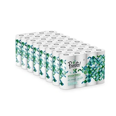 Immagine di Marchio Amazon Presto! Rotolo da Cucina TAD, Extra Assorbente, 32 Rotoli (8 Confezioni 4), 51 Fogli per Rotolo, Strizza e Riutilizza, Certificato FSC