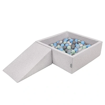 Immagine di KiddyMoon Area di Gioco in Schiuma con Quadrato Piscina Palline (200 Palline) per Bambini, Grigioch:Perla/Grigio/Trasparente/Azzurro/Menta