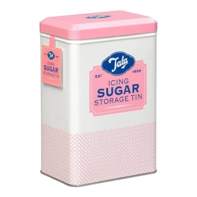 Immagine di Tala Original Scatola di latta, in metallo, design nostalgico rosa e crema, contiene un sacchetto pieno zucchero a velo