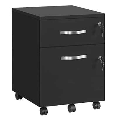 Immagine di VASAGLE Cassettiera, Mobiletto da Ufficio con Serratura, 2 Cassetti e 5 Ruote, Regolabile per Cartelle Sospese, Superficie Testurizzata, Formato A4 Lettera, Ufficio, Studio, Nero LCD22BV1