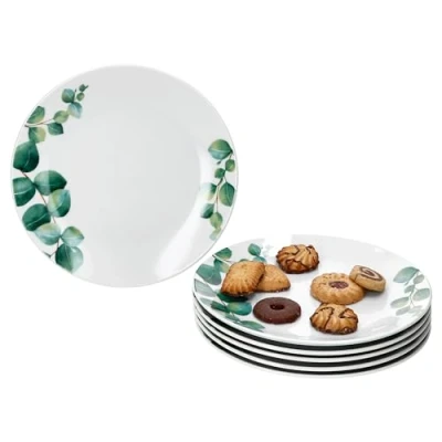Immagine di MamboCat Eucalipto Set di 6 piatti da torta, Ø 20,5 cm, dessert in porcellana bianca per persone con decorazione vegetale verde, piccoli colazione, pranzo, caffè e pane sera