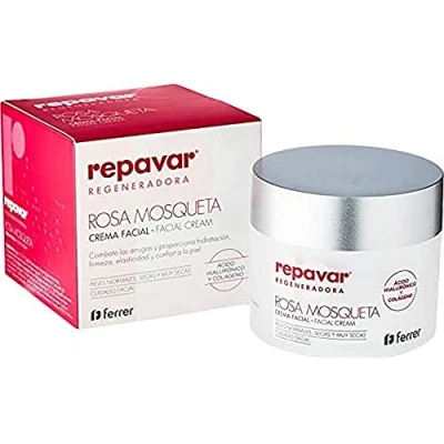 Immagine di Repavar Crema Viso Idratante Rosa Mosqueta, Acido Ialuronico e Collagene Arricchita con Vitamina Burro di Karitè Rigenera la Pelle Rallenta i Segni dell&#039;Invecchiamento 50 ml