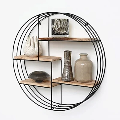 Immagine di Vivol Scaffale da parete rotonda in metallo nero con mensole, 4 ripiani legno, 50 x 11 cm