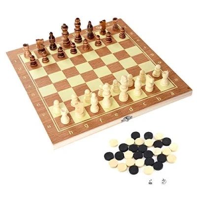 Immagine di Scacchi Internazionali, Dama e Backgammon in Legno, 3 1 Chess Checkers Backgammon, Gioco da Tavolo Pieghevole Portatile (29CM)