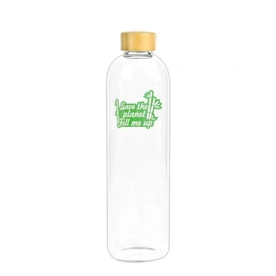 Immagine di bottiglia d&#039;acqua in vetro 1,5 L 1500 ml con tappo bambù borosilicato ecologico riciclabile riutilizzabile senza tossici BPA