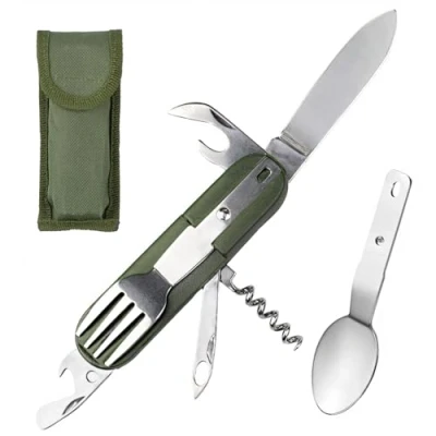 Immagine di 7 in 1 Posate Staccabili per il Campeggio,Posate da Campeggio Pieghevoli Kit Viaggio,Posate Trekking Coltello Forchetta Cucchiaio,Posate Campeggio,Trekking,Picnic Verde