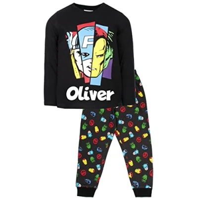 Immagine di Marvel Pigiama personalizzato per bambini nero a maniche lunghe con supereroi 100% cotone pigiameria Prodotti ufficiali, Avengers, 4 5 Anni