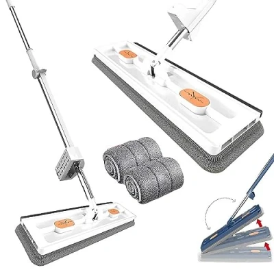 Immagine di Roseionly Large Flat Mop,Flat Mop for Wet and Dry Use,360 Freely Rotating Head,with 2 Microfiber Pads,Self Contained Dewatering Scraper Mop,Cleaning with Stainless Steel Long Handle (White)
